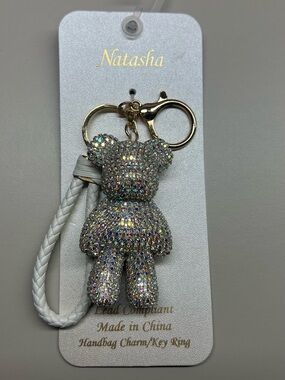 Natasha Couture Iridescent Crystal Bear Keyring with White Braided Strap